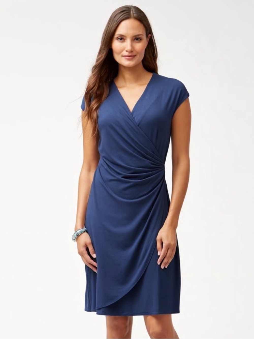 Tommy Bahama Navy Faux-Wrap Cap Sleeve Midi Dress